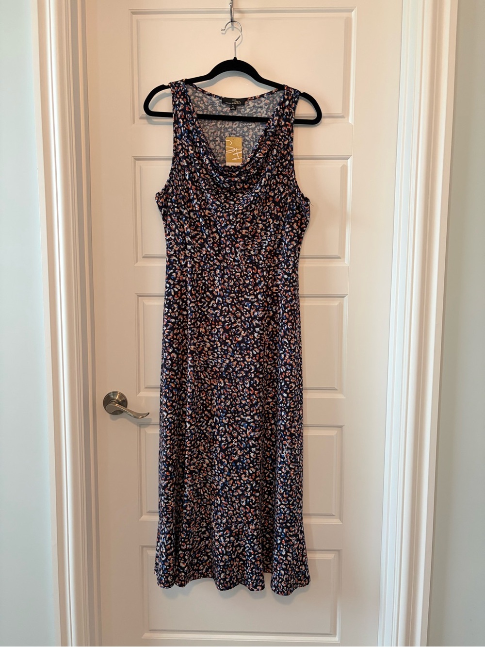 Suzanne Betro Navy Floral Cowl-Neck Midi Dress